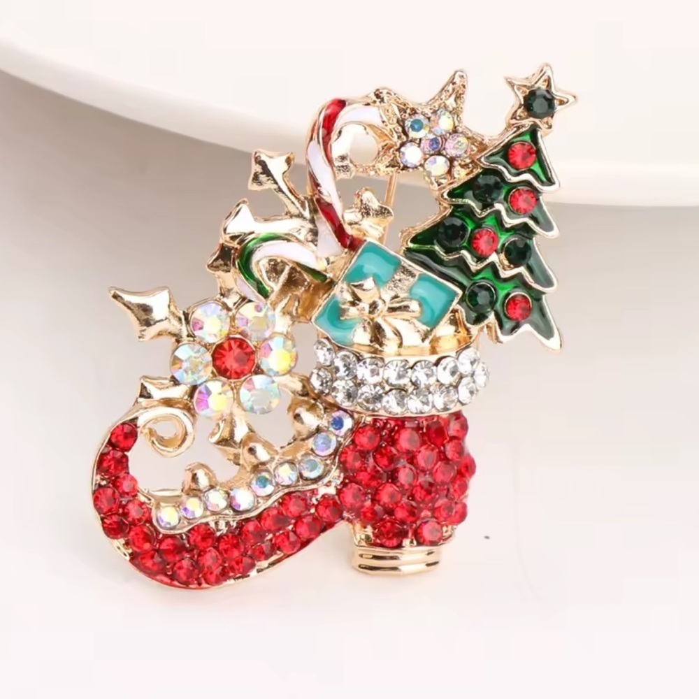 Christmas Stocking Brooch – Red Crystal Holiday Pin with Tree &Candy Cane Design